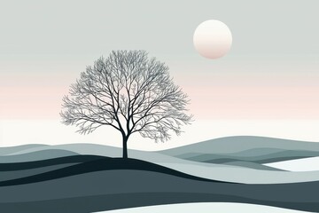 Minimalistic landscape featuring a solitary tree against a serene sunset backdrop, evoking peace and tranquility in nature.