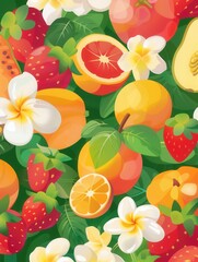 Poster - Tropical fruits like oranges and strawberries are beautifully displayed among delicate flowers, creating a lively garden atmosphere. Generative AI