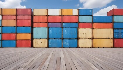 Colorful shipping containers stacked in a long row, with a wooden dock in the foreground and a cloudy blue sky in the background