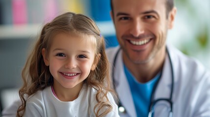 Smiling pediatrician and happy child in a medical setting - health and care theme