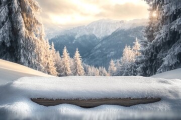 Wall Mural - wooden desk cover of snow and frost with landscape of winter Alps. Christmas magic time.