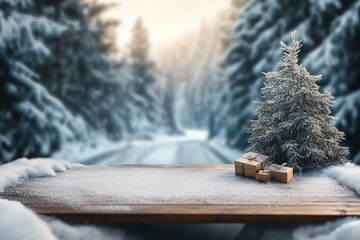 Wall Mural - wooden desk cover of snow and frost with landscape of winter Alps. Christmas magic time.