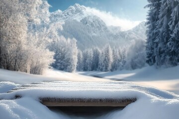 Wall Mural - wooden desk cover of snow and frost with landscape of winter Alps. Christmas magic time.