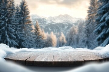 Wall Mural - wooden desk cover of snow and frost with landscape of winter Alps. Christmas magic time.
