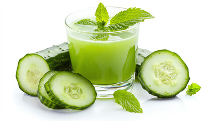 Refreshing cucumber mint juice served in a glass, garnished with mint leaves and accompanied by fresh cucumber slices.