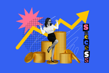 Poster - Creative drawing collage picture of funny young girl winning earning money golden coins success freak bizarre unusual fantasy billboard