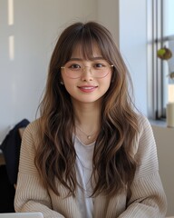 Young japanese woman with glasses smiling