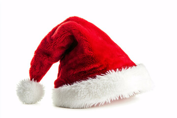 Red santa hat with white pompon on white background