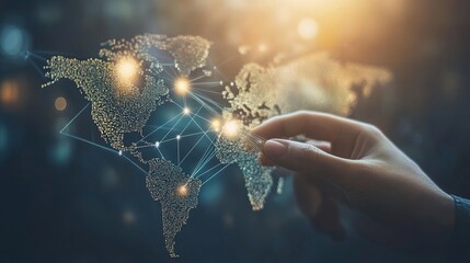 Poster - Hand Touching Digital World Map with Connections