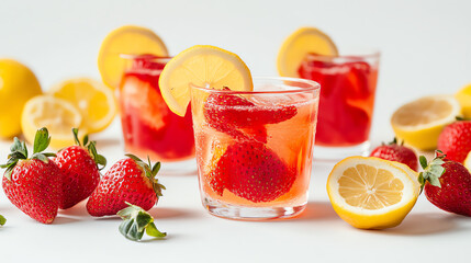 Refreshing strawberry lemonade in clear glasses garnished with lemon slices, surrounded by fresh strawberries and lemon halves on a white backdrop.