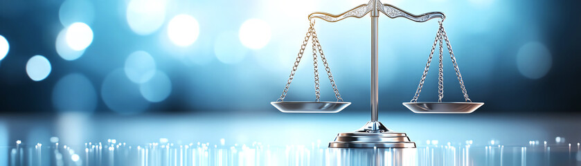 A balanced scale symbolizing justice and fairness with a blurred blue background, perfect for legal or professional themes.