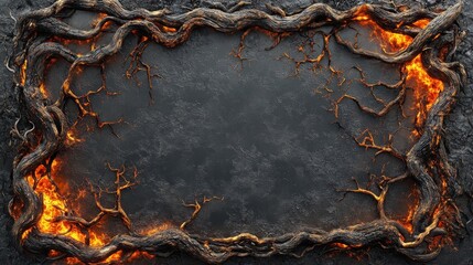 Fototapete - A Burning Tree Root Frame with Black Background