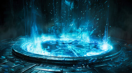 Poster - Digital artwork featuring a futuristic, blue circular platform emanating particles