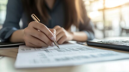 Canvas Print - Businesswoman Writing Notes at Desk with Calculator