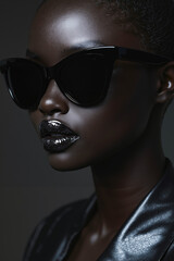 Canvas Print - A woman wearing a black leather jacket and sunglasses