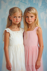 Canvas Print - Two young girls standing next to each other in front of a blue background