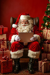 Canvas Print - A man dressed as Santa Claus sitting in a chair with a laptop computer