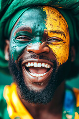 Sticker - A man with a green and yellow face paint smiles at the camera