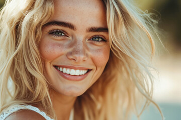 Wall Mural - A woman with long blonde hair smiling at the camera