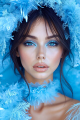 Canvas Print - A woman with blue makeup and a blue feather headpiece