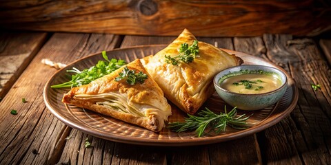 Golden Brown Pastries with Creamy Dip and Garnish on Rustic Wooden Table