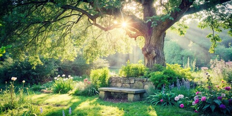 A Stone Bench Underneath a Sun-Drenched Canopy, Lush Greenery Flourishes, and the Gentle Sunlight Bathes the Scene in Tranquility