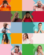 © master1305 - Men and women expressing variety of emotions, from sadness to frustration against multicolored background with empty space to insert text. Concept of human emotions, news. Social media banner, ads