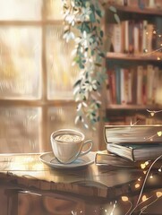 Fototapete - A steaming cup of coffee sits on a table beside a stack of books, creating a warm ambiance for reading in a tranquil cafe. Generative AI