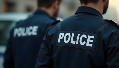 Police officers gathered in the street