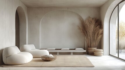 Aufkleber - A serene and modern living room featuring minimalistic furniture, soft colors, and indoor plants, creating a tranquil and stylish atmosphere for relaxation.