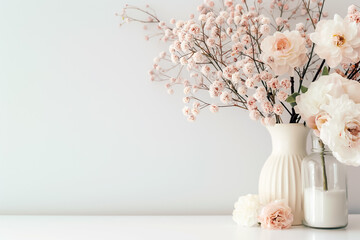 Sticker - A beautiful display of soft pink flowers and greenery is elegantly arranged in a vase, enhancing the simplicity of the white backdrop with its delicate charm