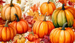 © Hi - Beautiful pumpkins, fall foliage seamless pattern. Autumn watercolor hand-painted nature pattern for seasonal designs ready to bring joy to any space , cartoon drawing, water color style