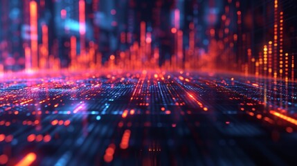 Aufkleber - futuristic digital landscape featuring glowing lines and dots in vibrant blue and red hues, represen