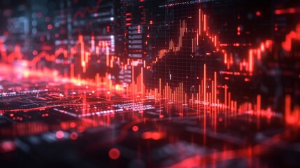 Leinwandbilder - Vibrant red data visualization displaying stock market trends and analytics on a digital screen, showcasing dynamic graphs and fluctuating values against a dark background.