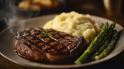 A delicious grilled steak served with creamy mashed potatoes and fresh asparagus on a rustic plate, creating a mouth-watering gourmet meal that's perfect for any occasion.