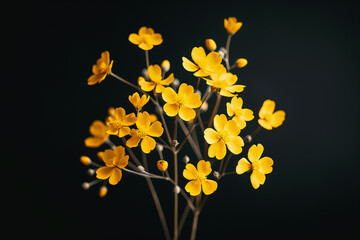 Poster - A delicate arrangement of vibrant yellow wildflowers stands out in stark contrast, creating an elegant display of color and simplicity against a deep black backdrop