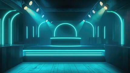 Poster - Neon blue and green lights illuminating a minimalist club stage, offering ample copy space for branding.