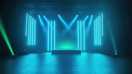 Poster - Neon blue and green lights illuminating a minimalist club stage, offering ample copy space for branding.