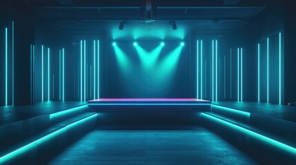 Poster - Neon blue and green lights illuminating a minimalist club stage, offering ample copy space for branding.