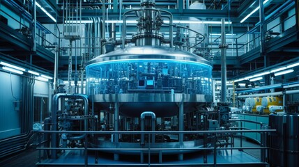 Aufkleber - High-tech industrial equipment in a modern manufacturing facility with blue lighting. Ideal for technology and innovation themes.