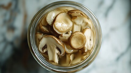 Wall Mural - Close-up of a glass jar filled with preserved mushrooms in brine.