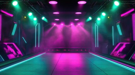 Neon green and pink lighting on a modern club stage, with futuristic architectural details and room for text.