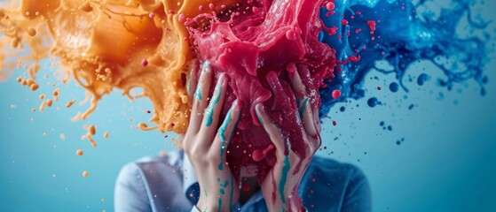 Poster - A person submerged in vibrant colors, representing emotions and creativity. The image features splashes of orange and blue, illustrating the dynamic interplay of feelings.