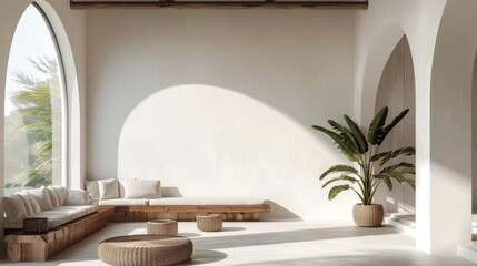 Poster - A serene and modern interior space featuring natural materials, a cozy seating area, large windows allowing natural light, and indoor plants adding a touch of green.
