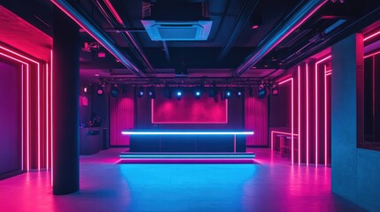Aufkleber - Neon pink and blue lighting on a minimalist club stage, highlighting bold architecture with space for copy.