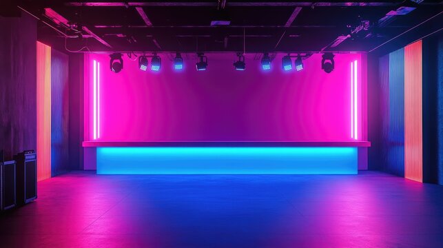Neon pink and blue lighting on a minimalist club stage, highlighting bold architecture with space for copy.