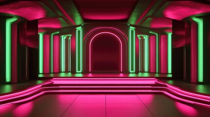 Aufkleber - Neon pink and green club stage with sleek architectural lines, creating a modern backdrop with ample copy space.