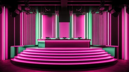 Aufkleber - Neon pink and green club stage with sleek architectural lines, creating a modern backdrop with ample copy space.