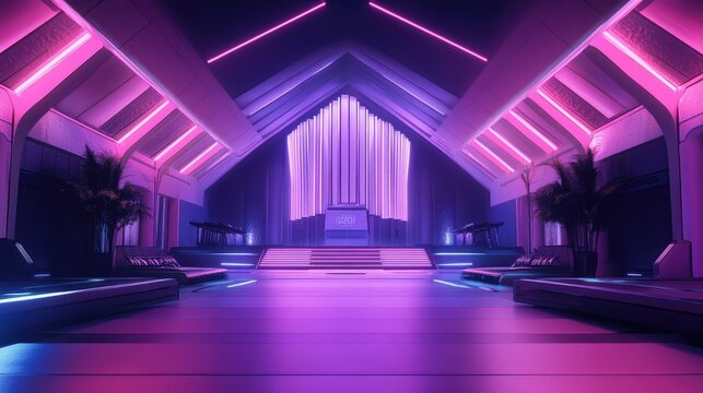 Neon pink and purple lighting on a futuristic club stage, showcasing sleek architecture with copy space for text.
