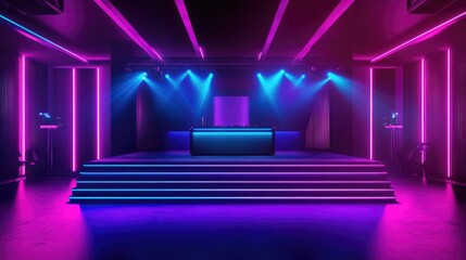 Aufkleber - Neon-lit club stage with vibrant purple and blue lights, featuring a sleek modern architectural design and plenty of copy space.
